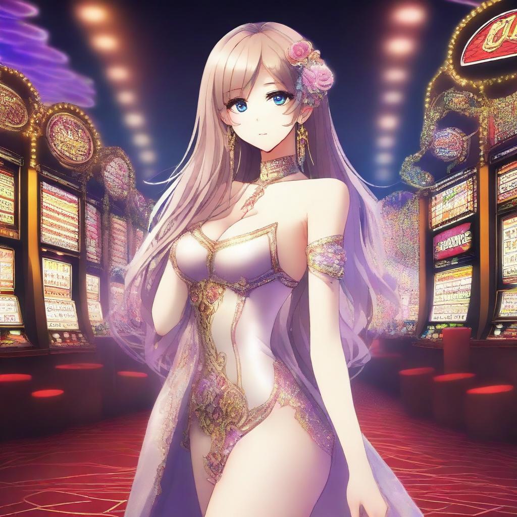 A beautiful and alluring anime girl standing in a luxurious casino