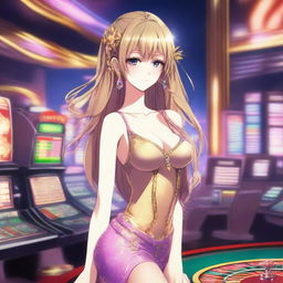 A beautiful and alluring anime girl standing in a luxurious casino