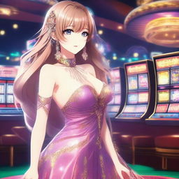 A beautiful and alluring anime girl standing in a luxurious casino