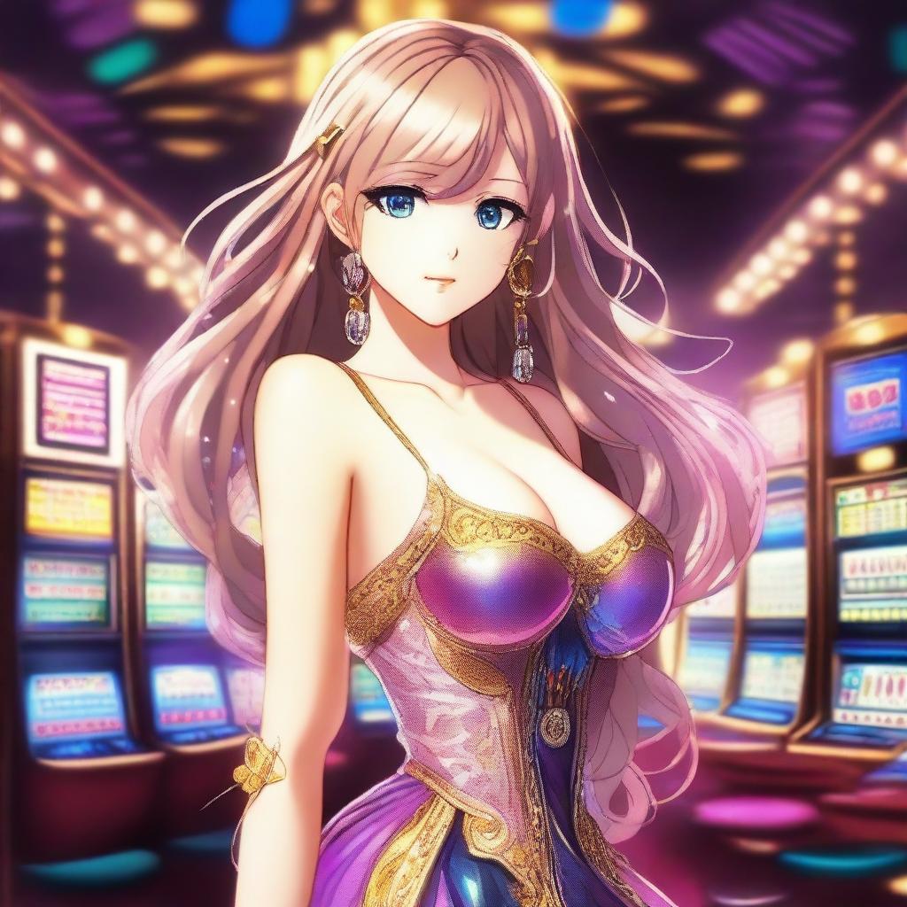 A beautiful and alluring anime girl standing in a luxurious casino