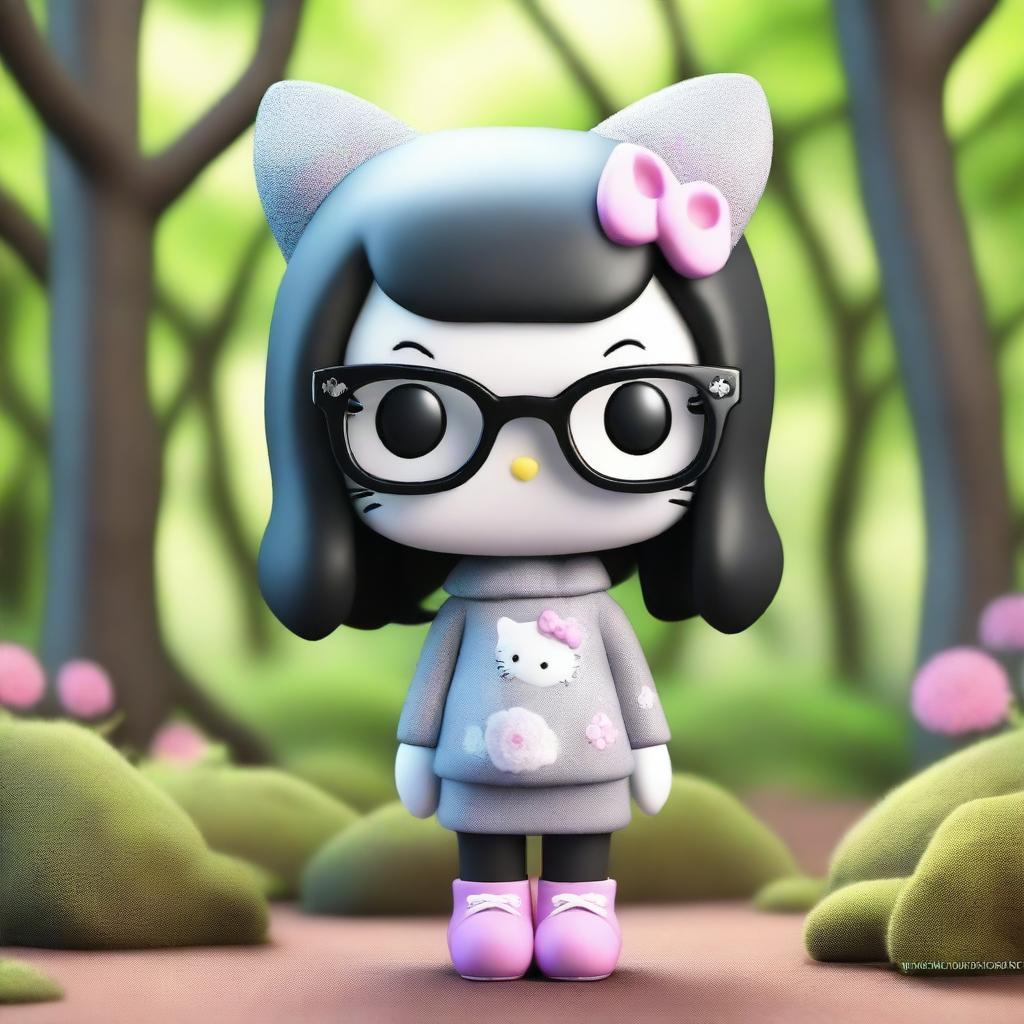 Create a cute 3D Hello Kitty character with black shoulder-length hair and hazel eyes