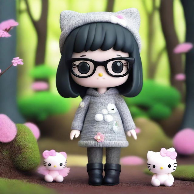 Create a cute 3D Hello Kitty character with black shoulder-length hair and hazel eyes