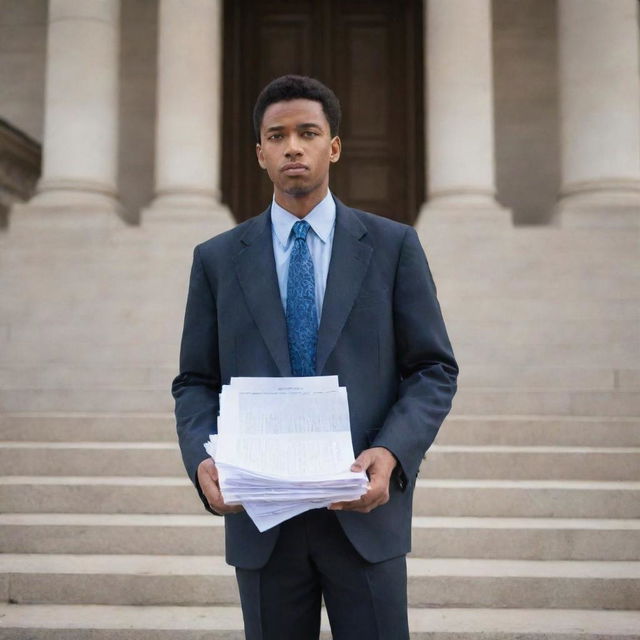 An individual stands determined at the steps of a grand courthouse, holding a pile of important legal documents, symbolizing the act of filing a case. Their expression conveys resolve, emphasizing the pursuit of justice.