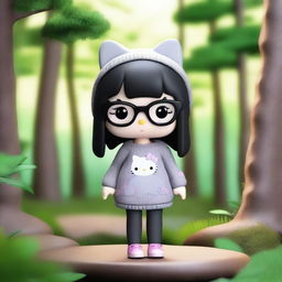 Create a cute 3D Hello Kitty character with black shoulder-length hair and hazel eyes