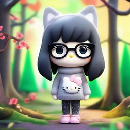 Create a cute 3D Hello Kitty character with black shoulder-length hair and hazel eyes