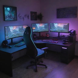 Illustrate a dynamic scene of a hyper-realistic gaming setup including high-tech PC, gaming chair, neon RGB lights, multiple monitors with fantasy game worlds, gaming keyboard and mouse.