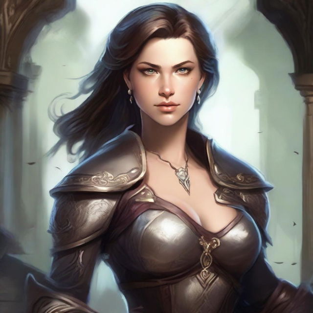 Create an image of a strong and confident female character in a fantasy setting