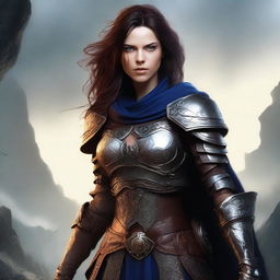 Create an image of a strong and confident female character in a fantasy setting