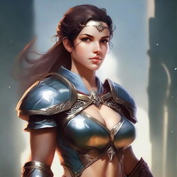 Create an image of a strong and confident female character in a fantasy setting