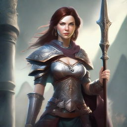 Create an image of a strong and confident female character in a fantasy setting