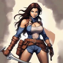 Create an image featuring a strong and confident female character in a heroic or adventurous role