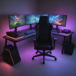 Illustrate a dynamic scene of a hyper-realistic gaming setup including high-tech PC, gaming chair, neon RGB lights, multiple monitors with fantasy game worlds, gaming keyboard and mouse.