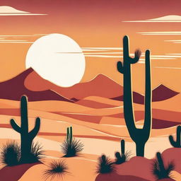 Create an image that evokes a sense of heat and warmth, featuring a scorching desert landscape with the sun blazing in the sky