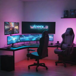 Illustrate a dynamic scene of a hyper-realistic gaming setup including high-tech PC, gaming chair, neon RGB lights, multiple monitors with fantasy game worlds, gaming keyboard and mouse.