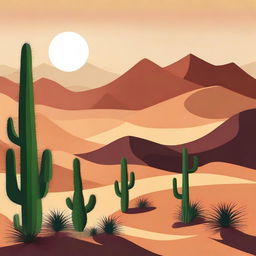 Create an image that evokes a sense of heat and warmth, featuring a scorching desert landscape with the sun blazing in the sky