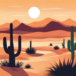 Create an image that evokes a sense of heat and warmth, featuring a scorching desert landscape with the sun blazing in the sky