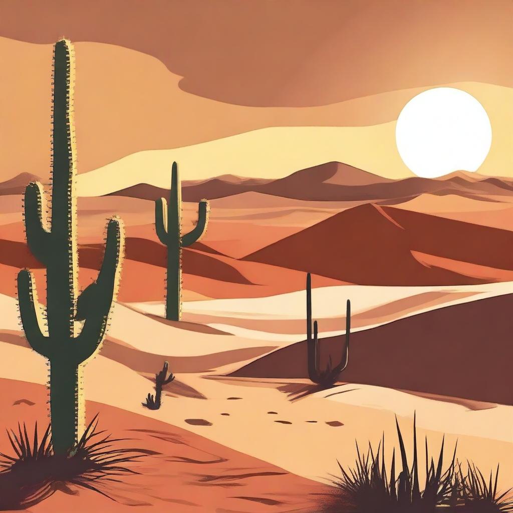 Create an image that evokes a sense of heat and warmth, featuring a scorching desert landscape with the sun blazing in the sky