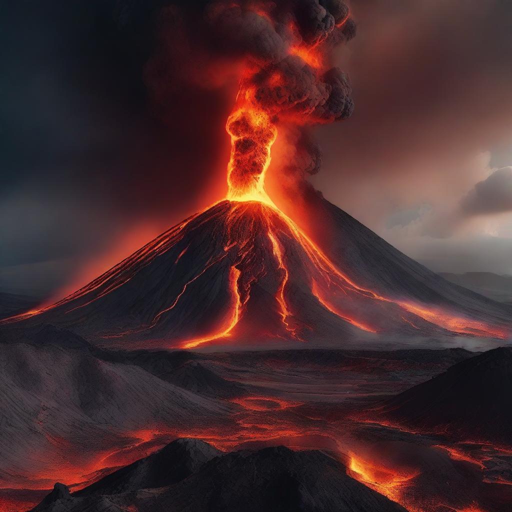 A breathtaking scene of a volcanic earth with molten lava flowing down the sides of a fiery volcano