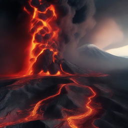 A breathtaking scene of a volcanic earth with molten lava flowing down the sides of a fiery volcano