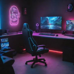 Illustrate a dynamic scene of a hyper-realistic gaming setup including high-tech PC, gaming chair, neon RGB lights, multiple monitors with fantasy game worlds, gaming keyboard and mouse.