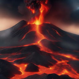 A breathtaking scene of a volcanic earth with molten lava flowing down the sides of a fiery volcano