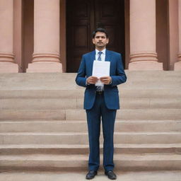 An individual standing determinedly on the steps of an Indian courthouse, clutching a stack of legal documents. The person, the historic courthouse, and the worn documents together symbolize the journey towards justice in India.