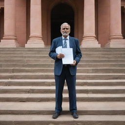 An individual standing determinedly on the steps of an Indian courthouse, clutching a stack of legal documents. The person, the historic courthouse, and the worn documents together symbolize the journey towards justice in India.