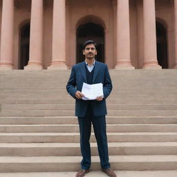 An individual standing determinedly on the steps of an Indian courthouse, clutching a stack of legal documents. The person, the historic courthouse, and the worn documents together symbolize the journey towards justice in India.