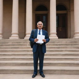 An individual standing determinedly on the steps of an Indian courthouse, clutching a stack of legal documents. The person, the historic courthouse, and the worn documents together symbolize the journey towards justice in India.