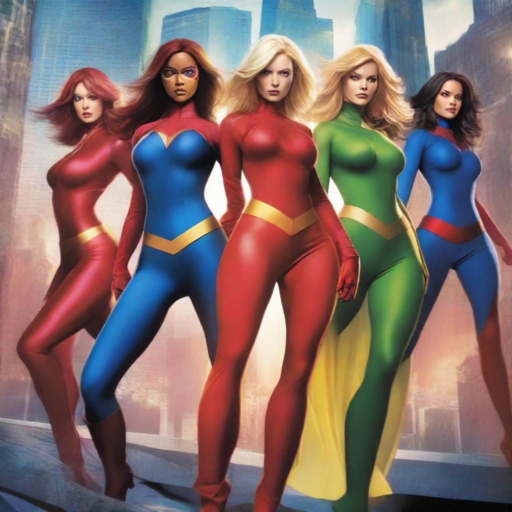 A group of sexy superhero women in dynamic and powerful poses, wearing sleek and form-fitting costumes with vibrant colors