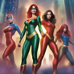 A group of sexy superhero women in dynamic and powerful poses, wearing sleek and form-fitting costumes with vibrant colors