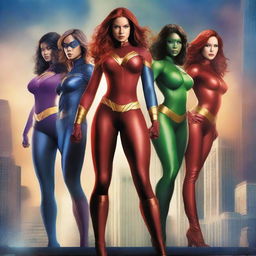 A group of sexy superhero women in dynamic and powerful poses, wearing sleek and form-fitting costumes with vibrant colors