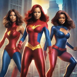 A group of sexy superhero women in dynamic and powerful poses, wearing sleek and form-fitting costumes with vibrant colors