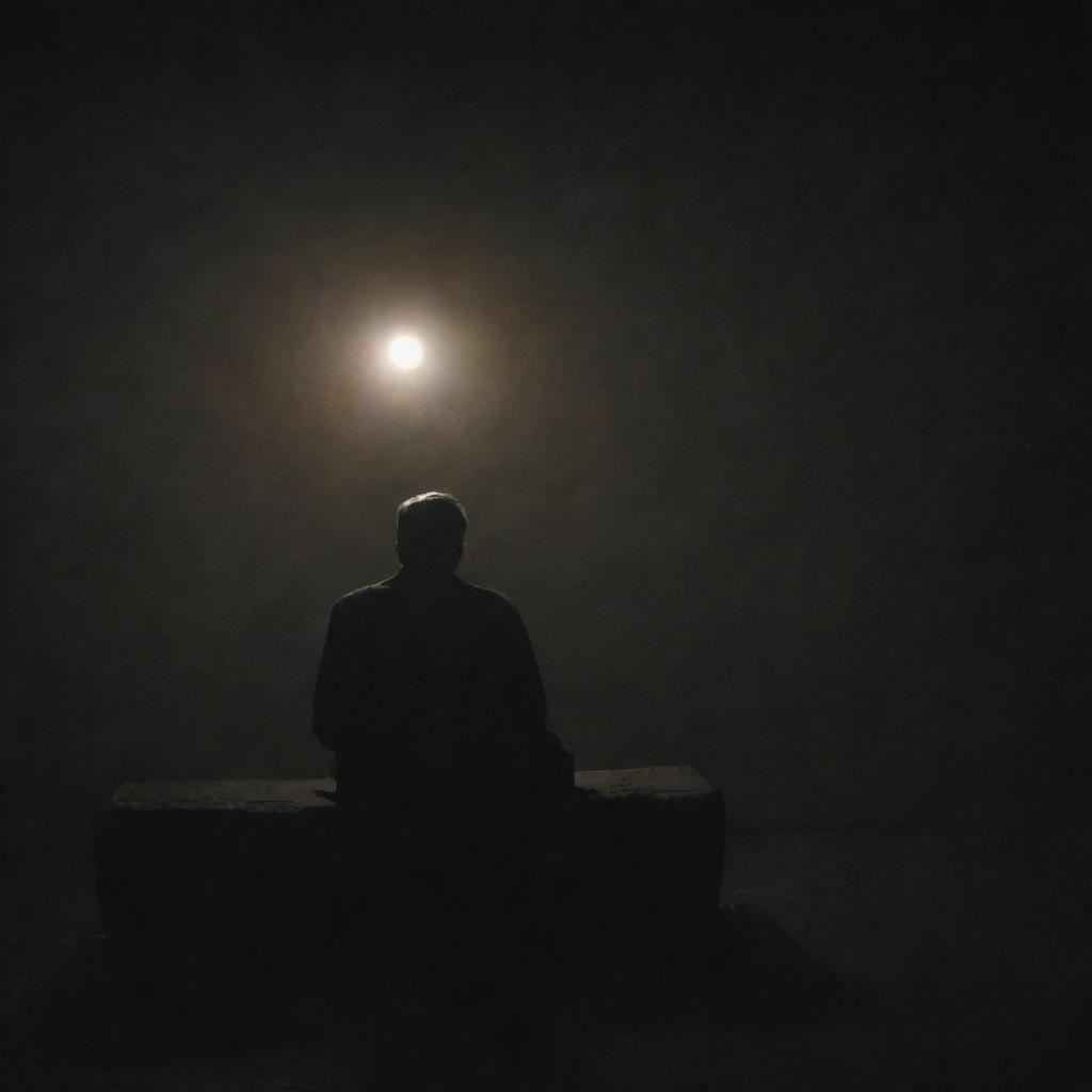 A lone man sitting contemplatively in a mysterious, darkly lit setting.