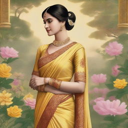 A woman is depicted wearing a traditional yellow sari, which is a garment from South Asia