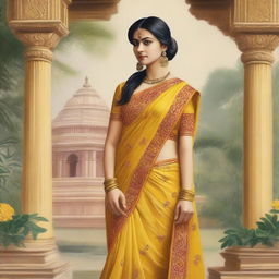 A woman is depicted wearing a traditional yellow sari, which is a garment from South Asia