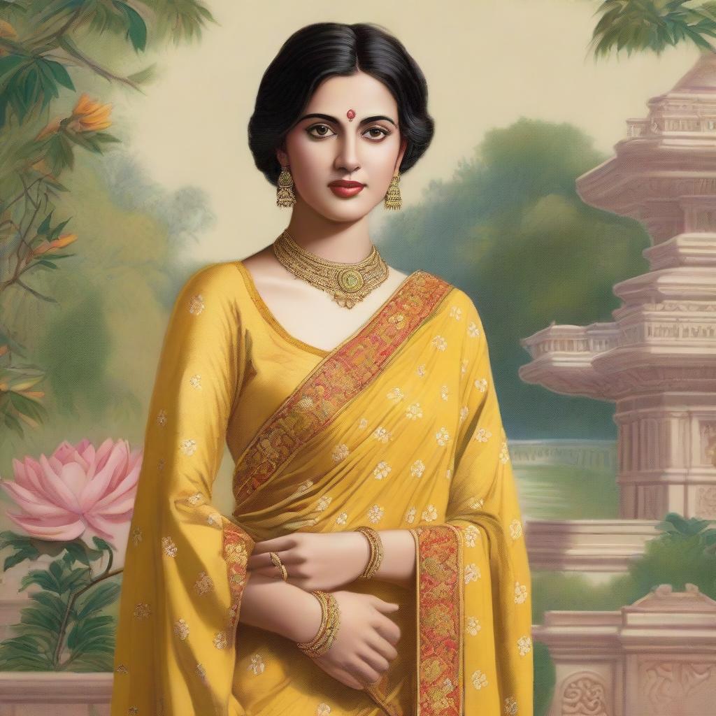 A woman is depicted wearing a traditional yellow sari, which is a garment from South Asia