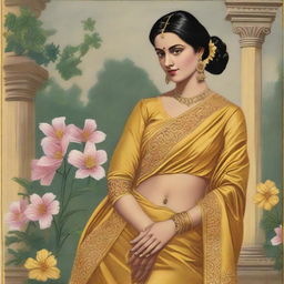 A woman is depicted wearing a traditional yellow sari, which is a garment from South Asia