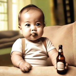 A baby boy holding a cigar in one hand and a beer bottle in the other, with a mischievous expression on his face