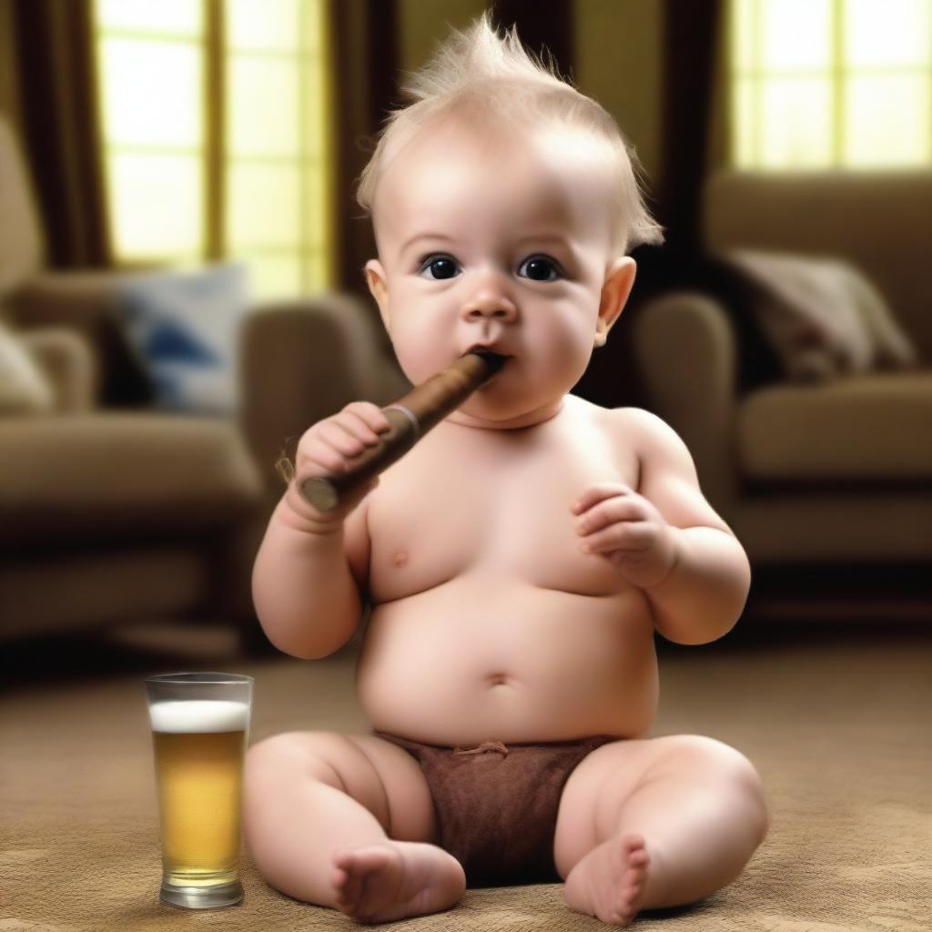 A realistic photo of a baby boy holding a cigar in one hand and a beer bottle in the other, with a mischievous expression on his face