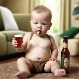 A realistic photo of a baby boy holding a cigar in one hand and a beer bottle in the other, with a mischievous expression on his face