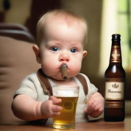 A realistic photo of a baby boy holding a cigar in one hand and a beer bottle in the other, with a mischievous expression on his face