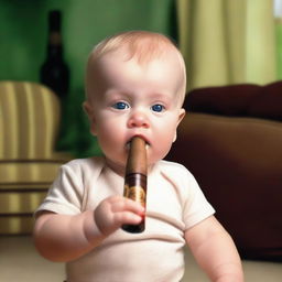 A realistic photo of a baby boy holding a cigar in one hand and a beer bottle in the other, with a mischievous expression on his face