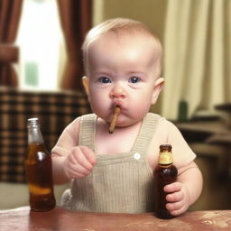 A realistic photo of a baby boy holding a cigar in one hand and a beer bottle in the other, with a mischievous expression on his face