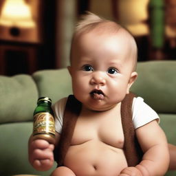 A realistic photo of a baby boy holding a cigar in one hand and a beer bottle in the other, with a mischievous expression on his face