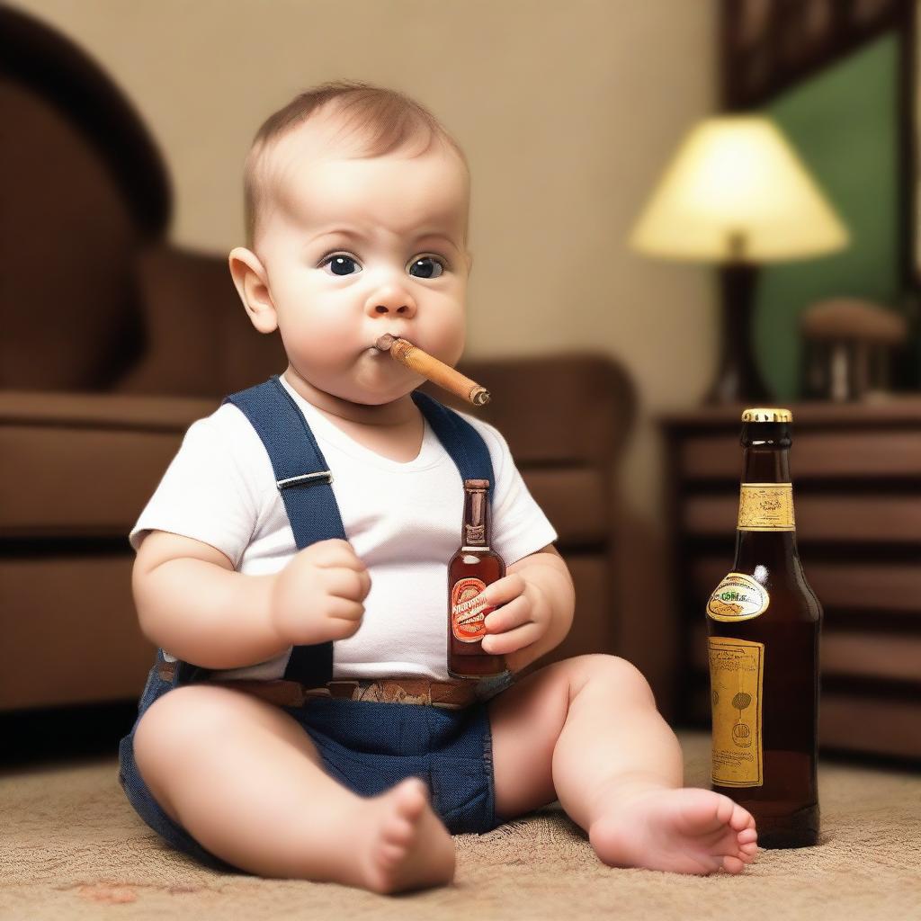 A realistic photo of a baby boy holding a cigar in one hand and a beer bottle in the other, with a mischievous expression on his face