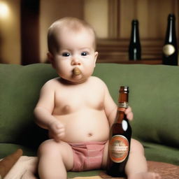 A realistic photo of a baby boy holding a cigar in one hand and a beer bottle in the other, with a mischievous expression on his face