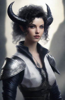 A white-skinned aasimar tiefling with short curly black hair with white highlights and black horns