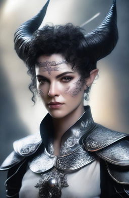 A white-skinned aasimar tiefling with short curly black hair with white highlights and black horns