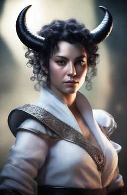 A white-skinned aasimar tiefling with short curly black hair with white highlights and black horns